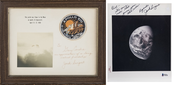 Lot of (2) Apollo 13 Patch Flown To The Moon Display & Photo With Jack Swigert Signature & Inscription (Beckett)